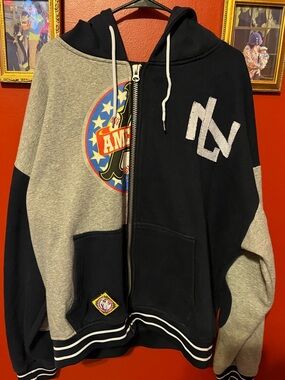 Two-Tone Navy and Heather Gray Zip Hoodie with Graphic Patch